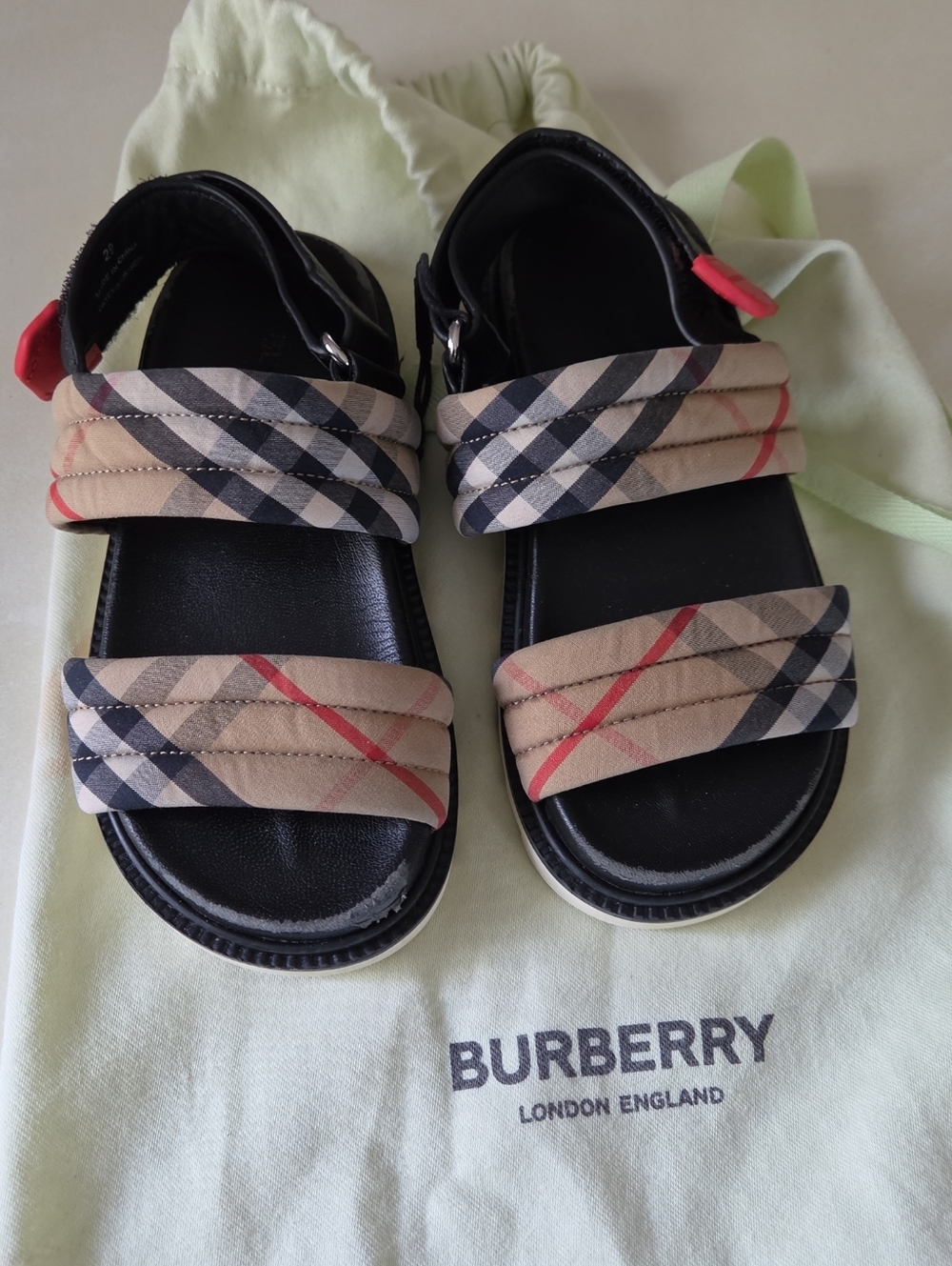 Burberry Kids Black & Beige Check Sandals with Red Accents